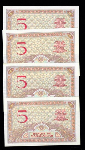 MADAGASCAR 4 X 5 Francs 1937 P-35s EF ** Consecutive Numbers ** - Picture 2 of 2