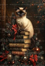 CHRISTMAS SIAMESE CAT ART PRINT, Holiday Animal Decor Library Kitten Poster E720
