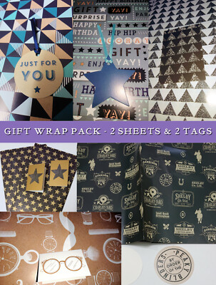 GESCHENKPAPIER SET 2 Blatt + Etiketten MÄNNLICH Granit Dreiecke GOLDSTERNE Peaky HIP