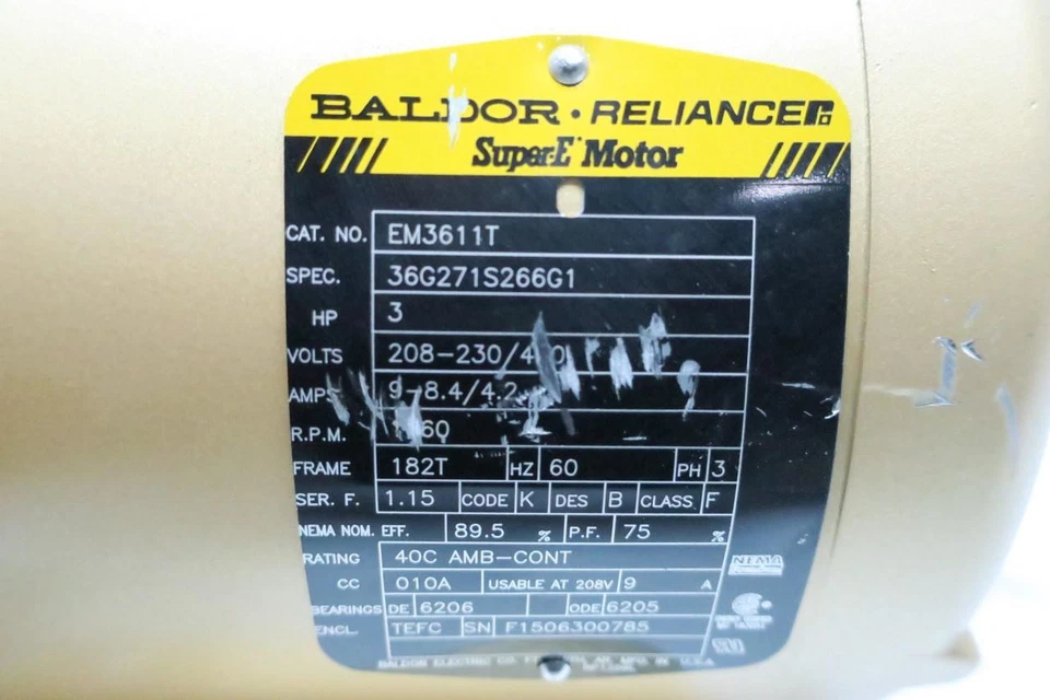 Baldor EM3611T Super-e Ac Motor 182t 3ph 3hp 1760rpm 230/460v-ac - Image 4 of 4