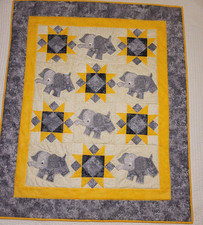 NEW HANDMADE BABY BOY GIRL CRIB QUILT THROW ELEPHANTS YELLOW GREY APPLIQUED