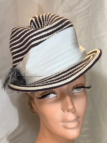 Vintage hat Sonni striped Black white Straw fedora Trilby spiral Funky artsy 70s - Picture 8 of 8