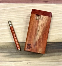Exotic Figured Padauk 4" Dugout Stash Box w Brass Poker & One Hitter Pipe Set