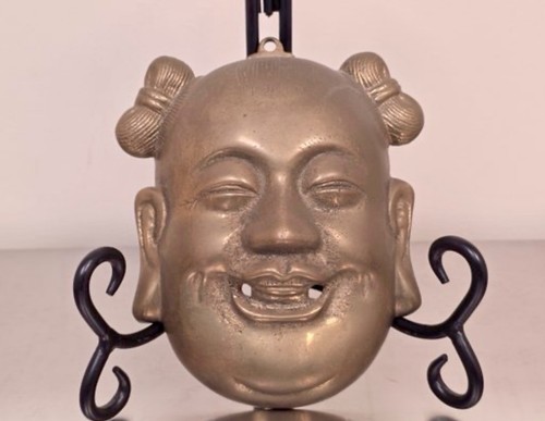 Vintage Brass Laughing Buddha Wall Mask Budai Hong Kong Decor 6"