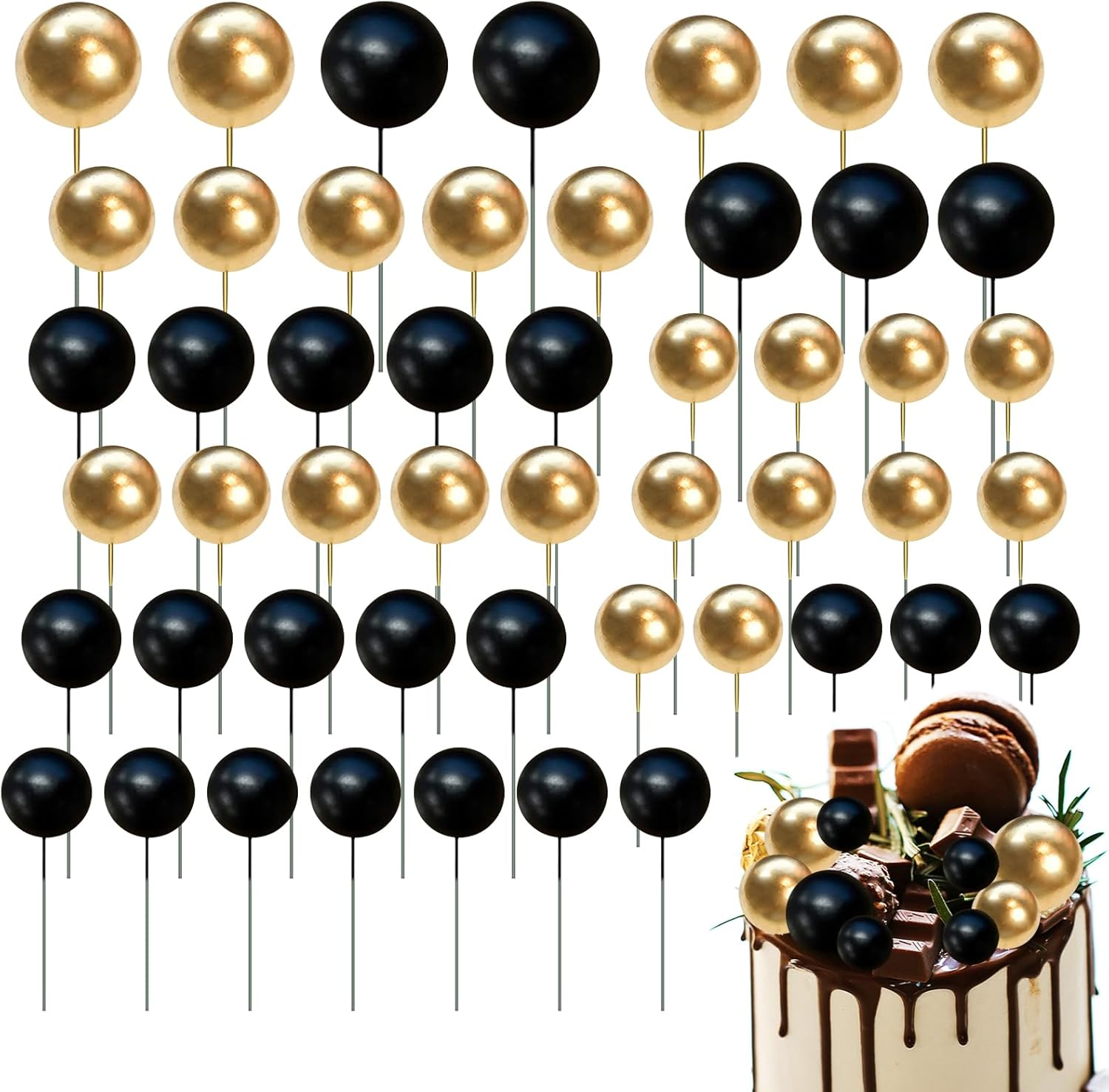 Ball Cake Toppers, 50Pcs Balloon Cake Topper Foam Black and Gold Cakes Balls Dec
