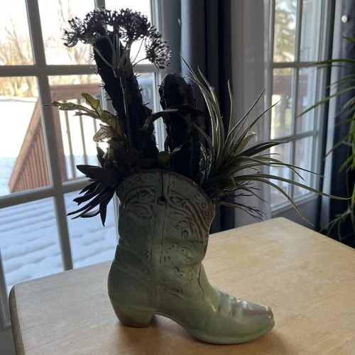 VTG Frankoma Pottery Green & Tan Wall Pocket Cowboy Boot Planter Vase #133 7” T