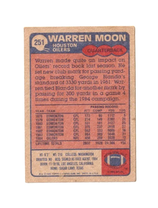 Fútbol americano Topps 1985 Warren Moon #251 novato de la corte Foto 2 de 2