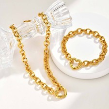 Women's Choker Dainty Necklace Heart Bracelet Gold Plated Titanium Steel Jewelry