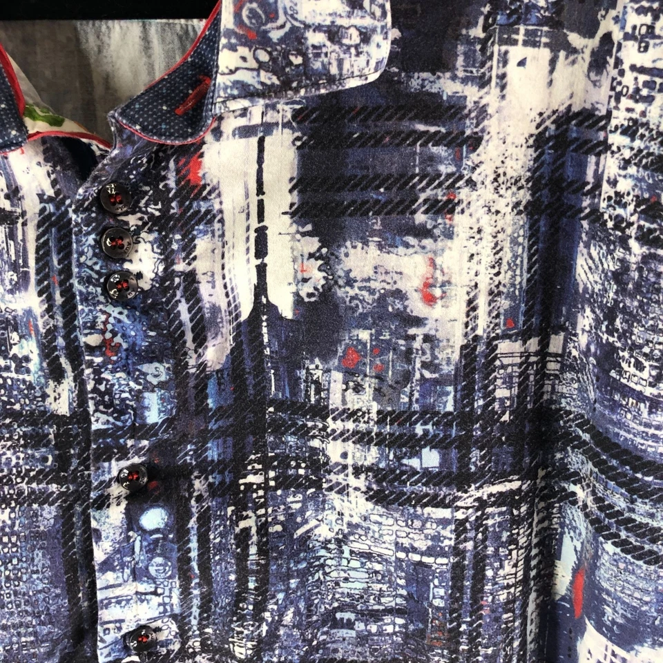 Au Noir Mens Button Down Shirt Flip Cuff Size Geometric Blue White Cotton 7 3XL - Image 2 of 4