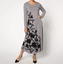 New Attitudes By Renee Rayon Jersey Pocket Floral Boho Drape Gray Midi Dress XS