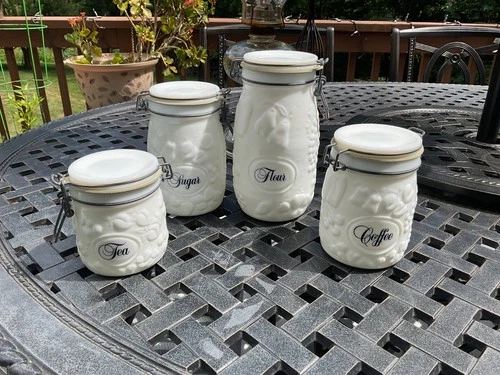 Vintage Retro Wheaton White Milk Glass Canister Complete Set Of 4 Fruit Pattern