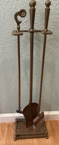 Vintage Brass Fireplace Tool Set Stand Poker Shovel Brush Stand 31x10”