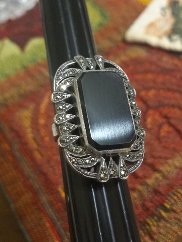 Art DECO VINTAGE STERLING SILVER ONYX AND MARCASITE RING Huge. Size 7 - 第 2/10 張圖片