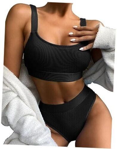 Women Sports High Waisted Swimsuits Two Piece Scoop Medium Black Bikini Set