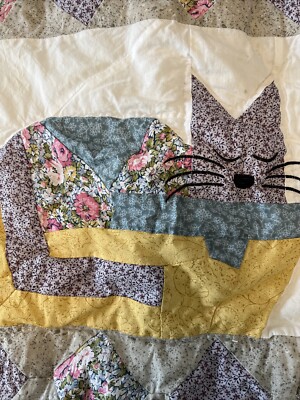 Patchwork Cat Pillow Sham Quilted Calico 18x24 bedding Pillowcase Cat Lady READ
