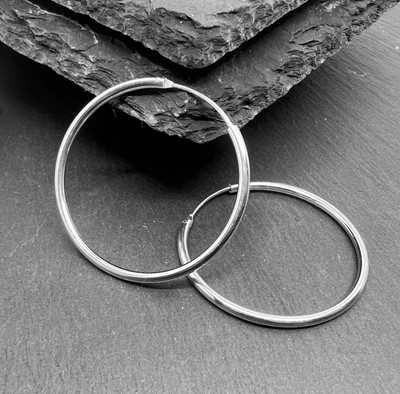 Hoop Earrings Sterling Silver 30mm Diameter Hinged Posts 1.7mm Tubular Silver