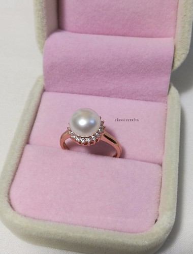 Genuine 9.9mm Freshwater pearl CZ 18K rose gold plated silver Ring adjustable - Picture 2 of 7