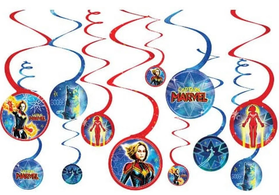 Capitana Marvel Decoraciones de Fiesta Remolino Superhéroe Niños Cumpleaños NUEVO Superhéroes Foto 2 de 4