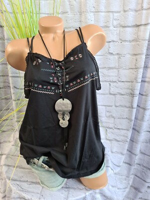 Shirt Vivance Viskose Top Spagettiträger Gr. 48/50 Schwarz Muster (200) NEU