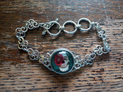 Intricate Silver Tone Goth Bracelet Noosa Snap Skull With Rose Convex Glass Dome