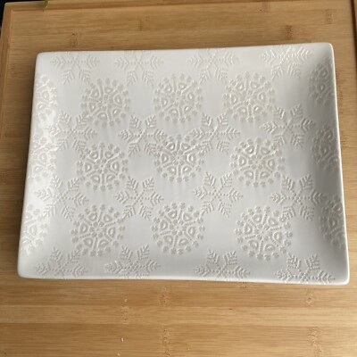 Crate Barrel White 12”x Snowflake Embossed Serving Platter Tray  Porcelain