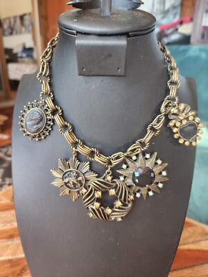 Express Dark Brass Tone Statement Necklace w 5 Hanging Charms
