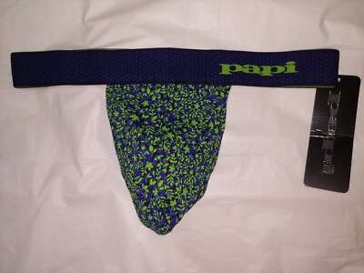 PAPI MENS UNDERWEAR THONG, COLOR: BLUE AND GREEN LEAF PATTERN  SIZE MEDIUM M
