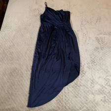 Lulus Formal Dress Womens L Dark Navy Blue Silky Satin Asymmetrical Prom Wedding