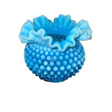 Vintage Fenton Blue Opalescent Hobnail Ruffle Vase 5  X 5  No chips