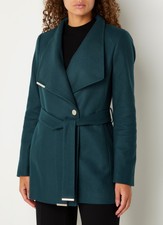 Ted Baker Rosess Teal Wool Cashmere Funnel High Neck Belt Wrap Dress Coat 4 14 L
