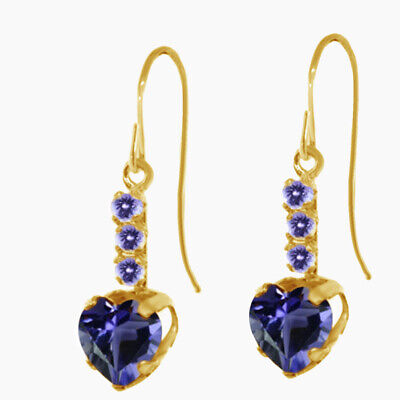 1.40 Ct Heart Shape Blue Iolite & Blue Tanzanite Earrings 14K Yellow Gold