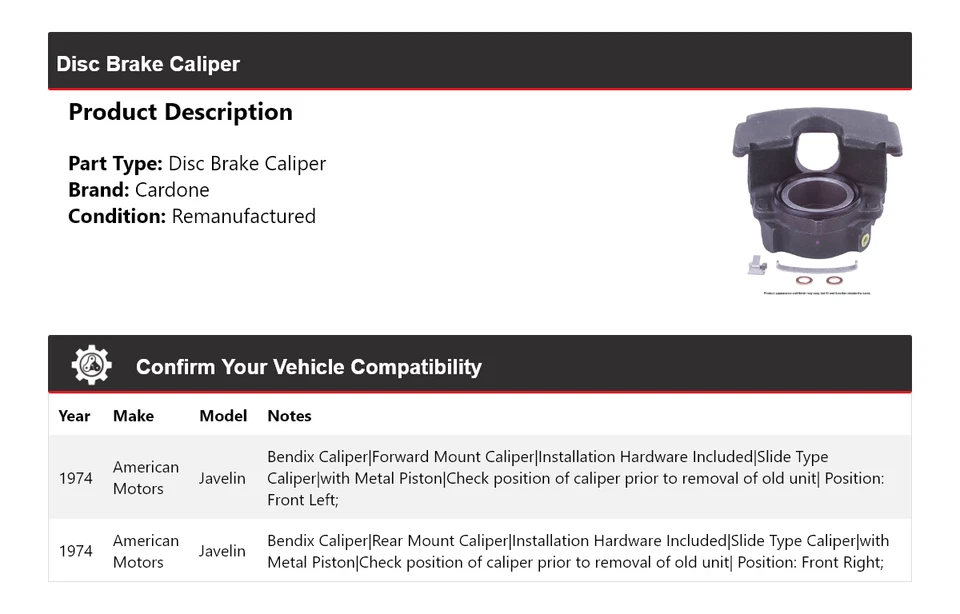 Pinza de freno de disco Javelin Cardone 1974 American Motors Foto 2 de 4