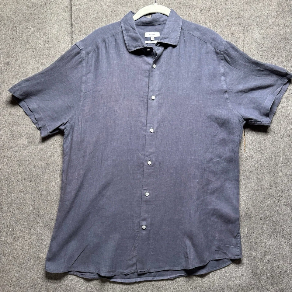 Camisa Reiss XL Acero Azul Lino Manga Corta Abotonada Vacaciones Clásica Foto 2 de 4