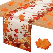 Fall Table Runner 71x12 Inch Maple Leaves Linen Runner for Kitchen Party