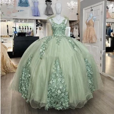 Mint Green Quinceanera Dresses Off Shoulder 3D Flowers Long Sleeves Ball Gowns
