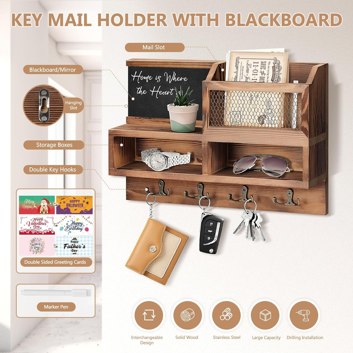 Amazon.com: Wooden Key Box, Key Holder Wall Mount Decorative  GWP- Beige Key Holder with Mirror display picture 1