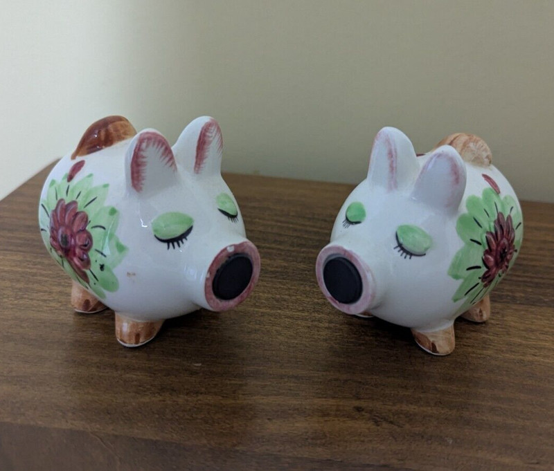 Sweet Floral Kissing Pig Magnetic Salt & Pepper Shakers Made in Japan