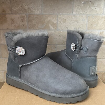 UGG Classic Mini Bailey Button Bling Gray Grey Suede Ankle Boots