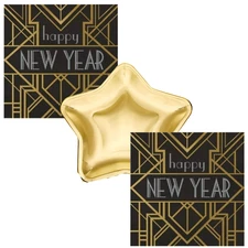 New Years Eve Plates and Napkins Roaring 20's Art Deco Foil Stamp Star Plates