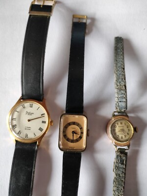 Lot De Montres Vintage (Podium, Timex, Huma) - Boîtier Doré, Cadran Chiffres Romains, Bracelet Cuir - Occasion