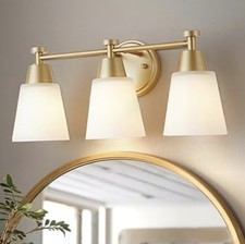 Milk Glass Bathroom Vanity Light Over Mirror, 3 Light Brushed Gold