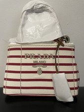 NEW PRADA Small Striped Top Handle Satchel w/ Logo Plaque, Detachable Strap