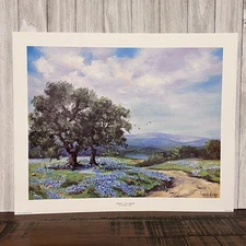Vintage NOS - “Down The Road” 13x16 Litho Print - Texas Bluebonnet Landscape