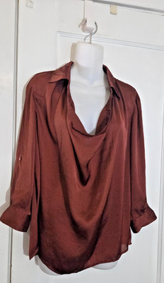 VINCE Rich Copper Brown SATIN BLOUSE, Roll Tab Sleeves, Size 6