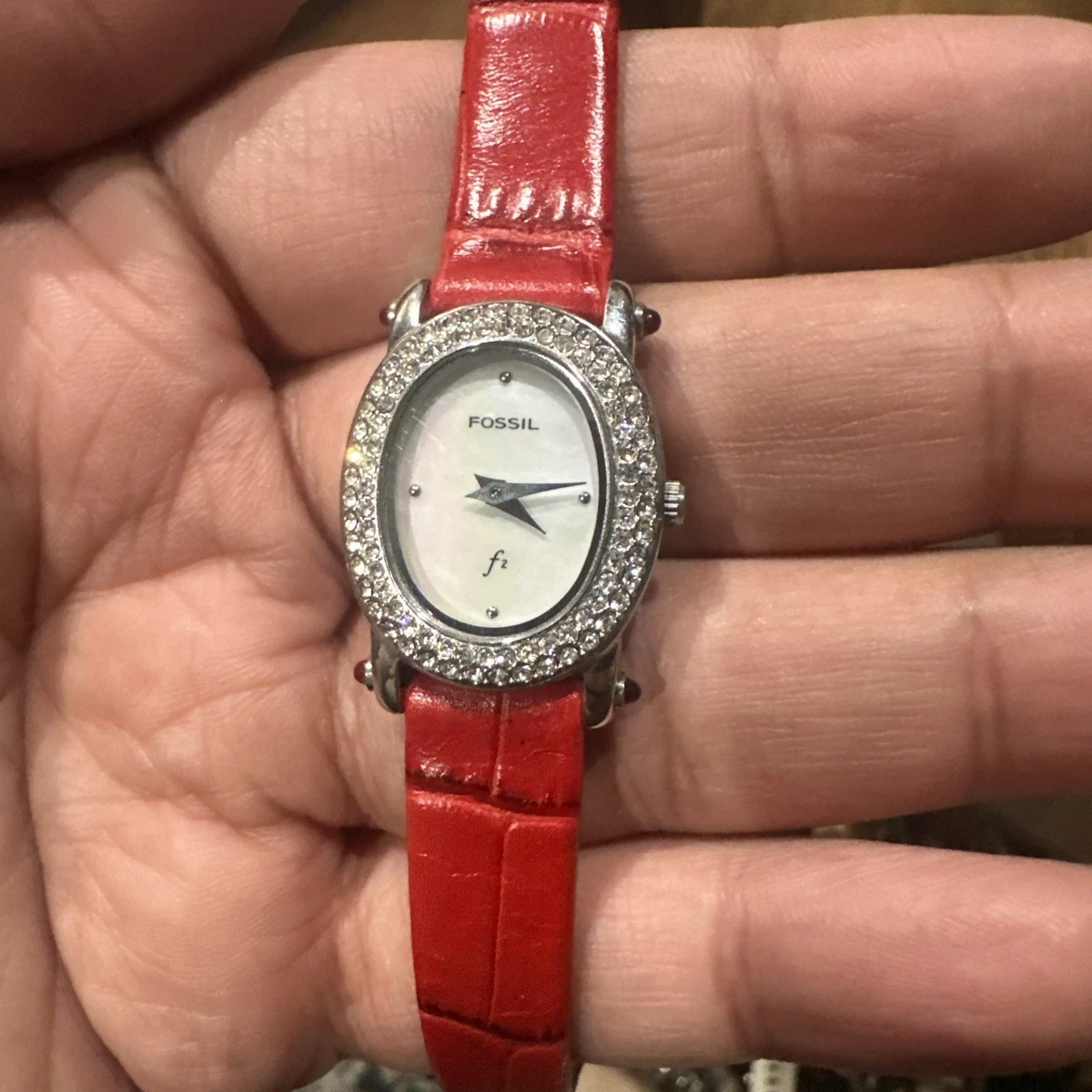 Working Fossil F2 Watch Women ES-9349 21mm Oval MOP Crystals Red Leather Fit 7in Fossil F2 Watch - Etsy main image 3