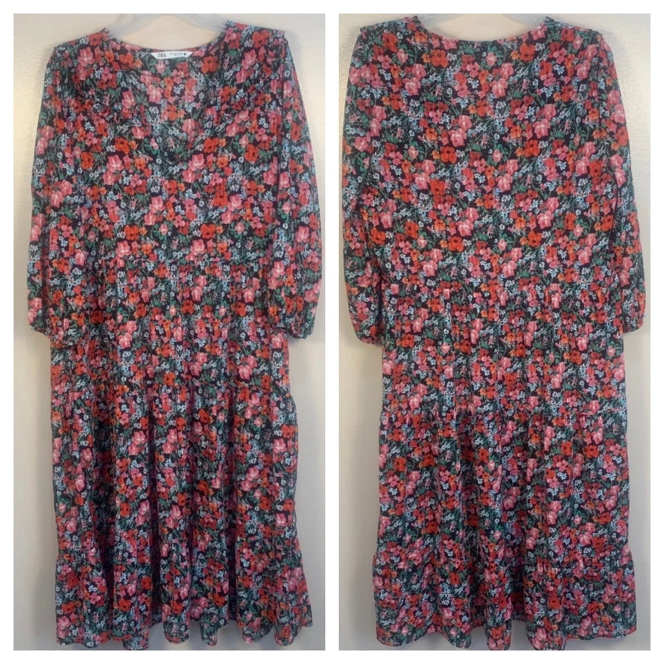Maxi Vestido ZARA Cuello en V En Niveles Floral Amapola Multi Boho Chic Moody Floral Talla L Foto 4 de 4