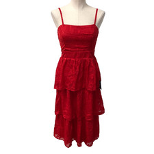 Lulus Grace And Beauty Red Burnout Floral Tiered Dress Womens Small Red Midi New