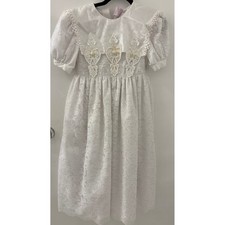 Vintage Lace Me Fancy White Lace Girls Dress Size 10 Puff Sleeve Belted Cottage