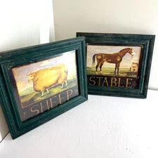 Vintage Framed Farm Animal Prints Sheep Horse Stable Rustic Country Barn Decor