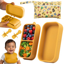 Baby Travel Feeding Set with Silicone Suction Plates, Yellow Small